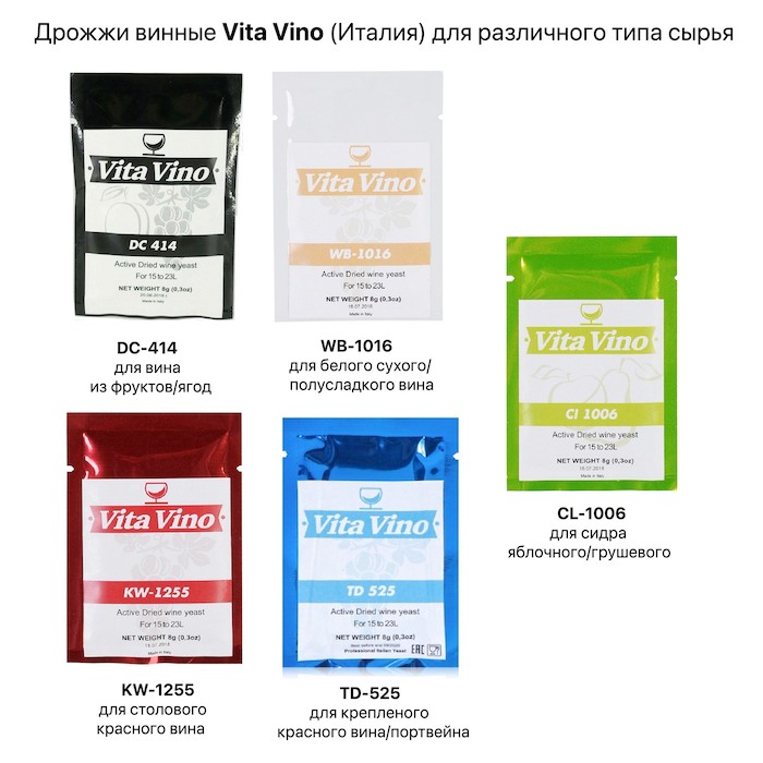 Дрожжи винные VitoVino ассортимент для различных типов сырья